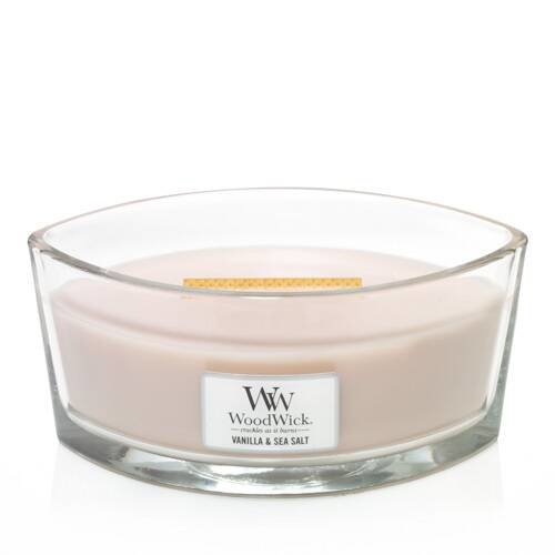 WoodWick Ellipse Candela Profumata con Stoppino Scoppiettante, Vaniglia e Sale Marino, Fino a 50 Ore, Ceramica Rosa, 19x9x12 cm, 454 g
