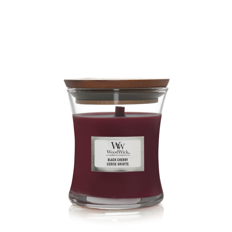 WoodWick Candela profumata Black Cherry 85 g con stoppino crepitante | Fragranza di Amarena | Durata fino a 20 ore