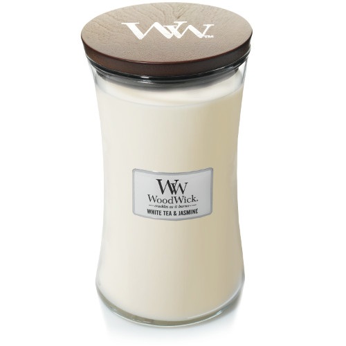 WoodWick Candela Profumata White Tea & Jasmine 85 g - Fragranza Tè Bianco e Gelsomino con Stoppino Crepitante, Durata Fino a 20 Ore