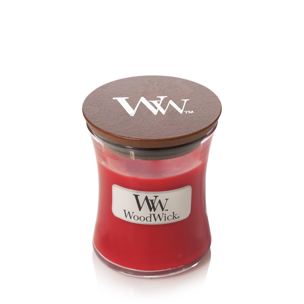 WoodWick Candela Profumata Crimson Berries 85 g - Forma a Clessidra con Stoppino Crepitante, Durata Fino a 20 Ore