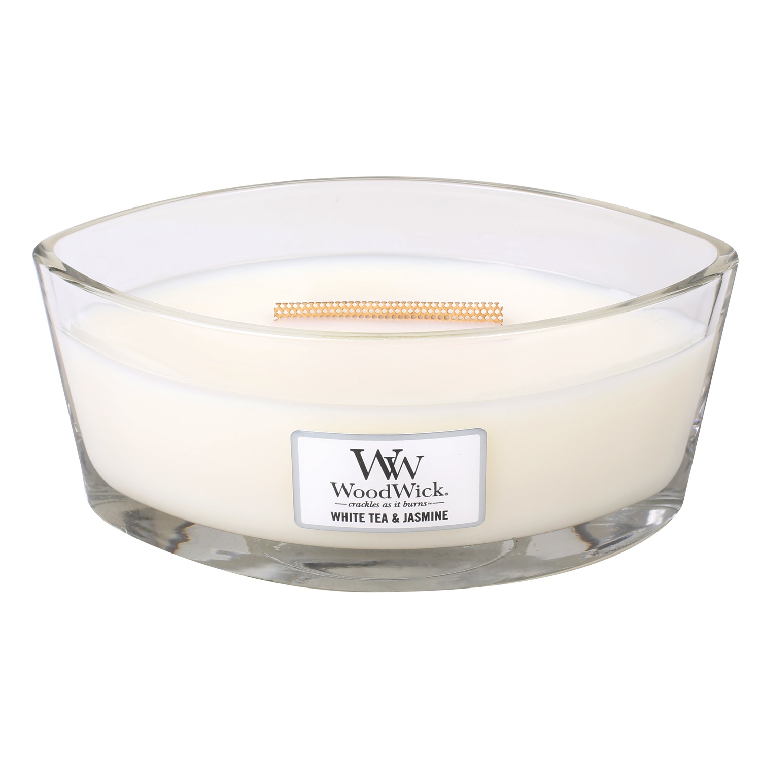 WoodWick Ellipse Candela Profumata con Stoppino Scoppiettante, Tè Bianco e Gelsomino, Fino a 50 Ore, 453,6 g