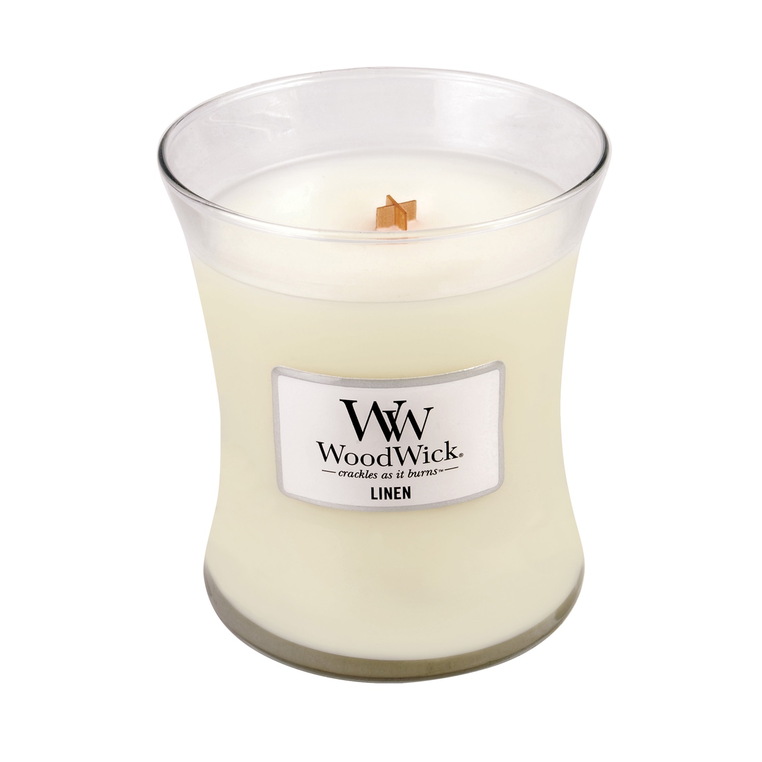 WoodWick Candela profumata Lino 275 g - Durata fino a 60 ore con stoppino in legno crepitante