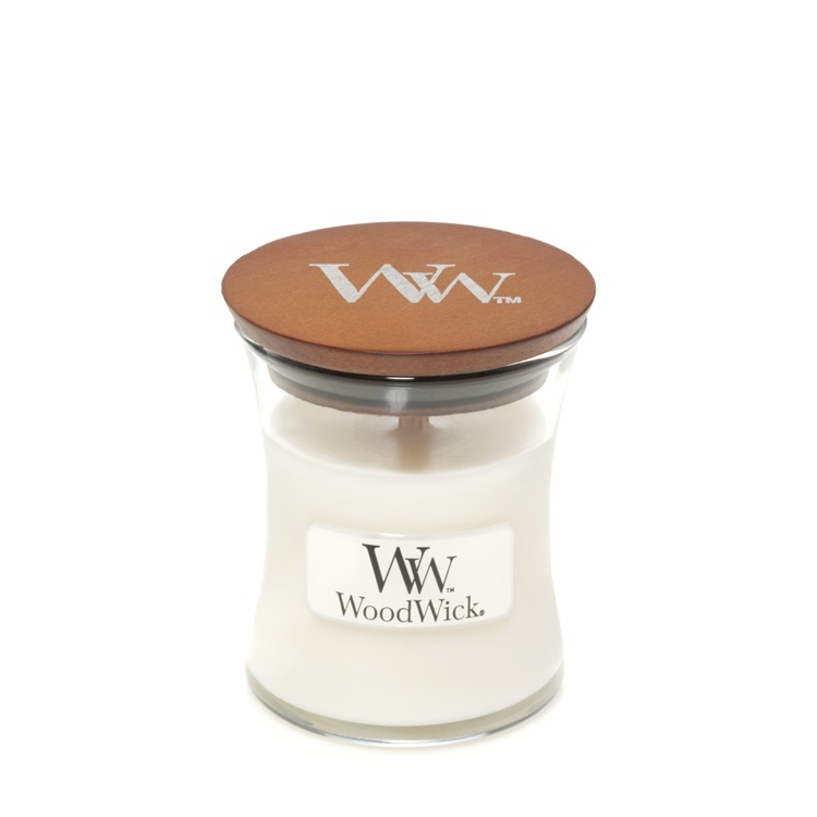 WoodWick Candela Profumata White Teak 85g - Fragranza Legnosa con Note di Abete, Sandalo, Quercia, Muschio e Legno di Cedro