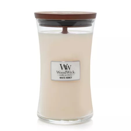 WoodWick Candela Profumata White Honey 609.5 g - Fragranza di Fiori d'Arancio Caramellati, Orchidea Vaniglia e Toffee Tostato