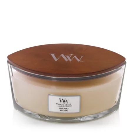 WoodWick Candela Profumata Ellisse White Honey 453 g - Fragranza di Fiori d'Arancio, Orchidea Vaniglia e Toffee Tostato
