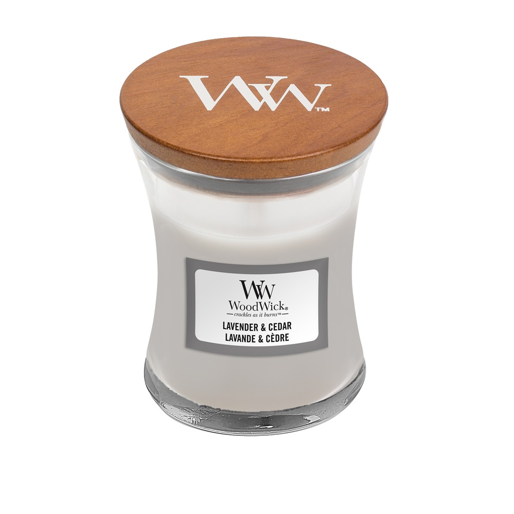 WoodWick Candela Profumata Lavanda e Cedro - Mini Clessidra 85 g con Stoppino Scoppiettante - Fino a 20 Ore di Combustione