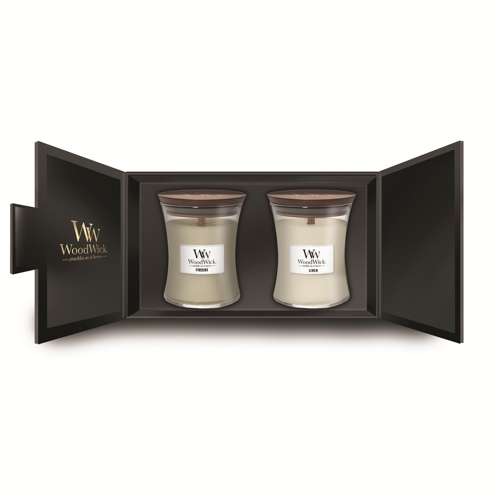 WoodWick Set Regalo Candele Profumate - 2 Barattoli Medi a Clessidra con Fragranze Fireside e Linen, Fino a 60 Ore di Durata