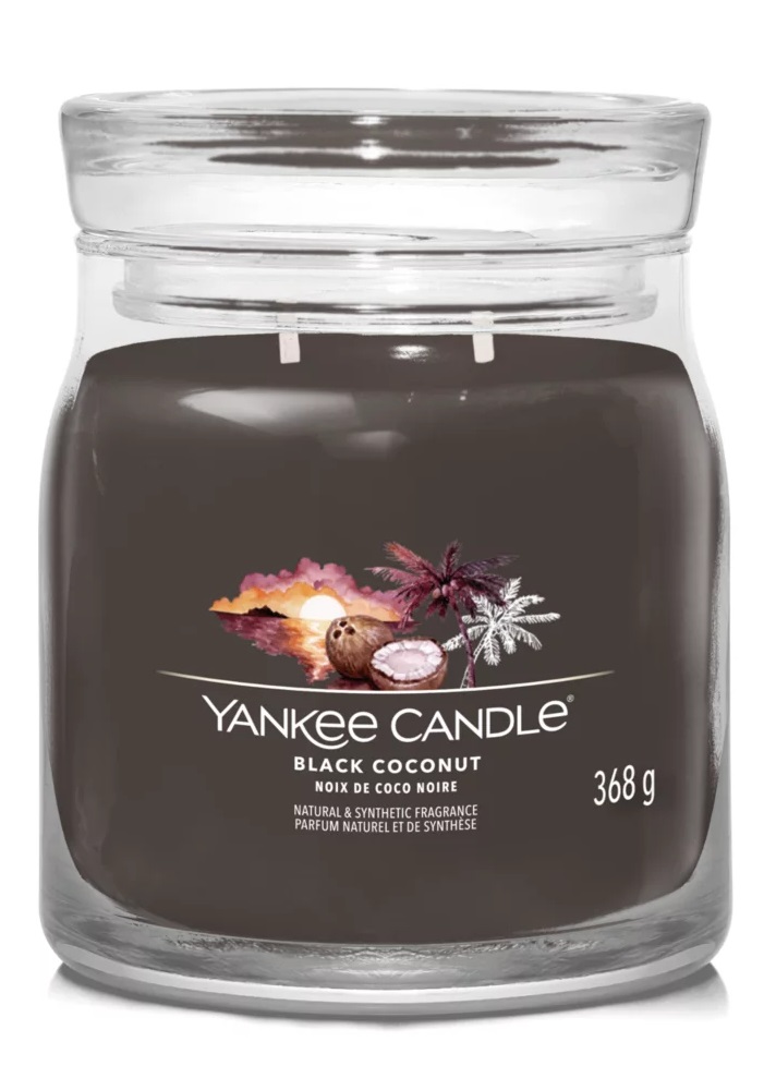Yankee Candle Black Coconut - Candela Profumata Media 368g con Doppio Stoppino, Cera di Soia, Fragranza Floreale, Tempo di Combustione Fino a 50 Ore