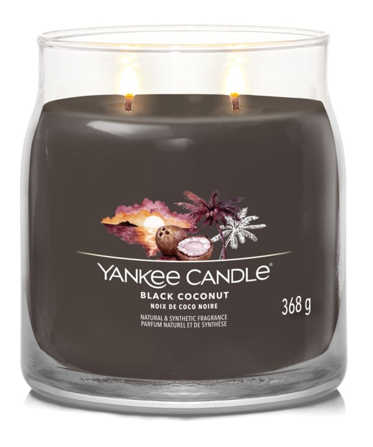 Yankee Candle Black Coconut - Candela Profumata Media 368g con Doppio Stoppino, Cera di Soia, Fragranza Floreale, Tempo di Combustione Fino a 50 Ore