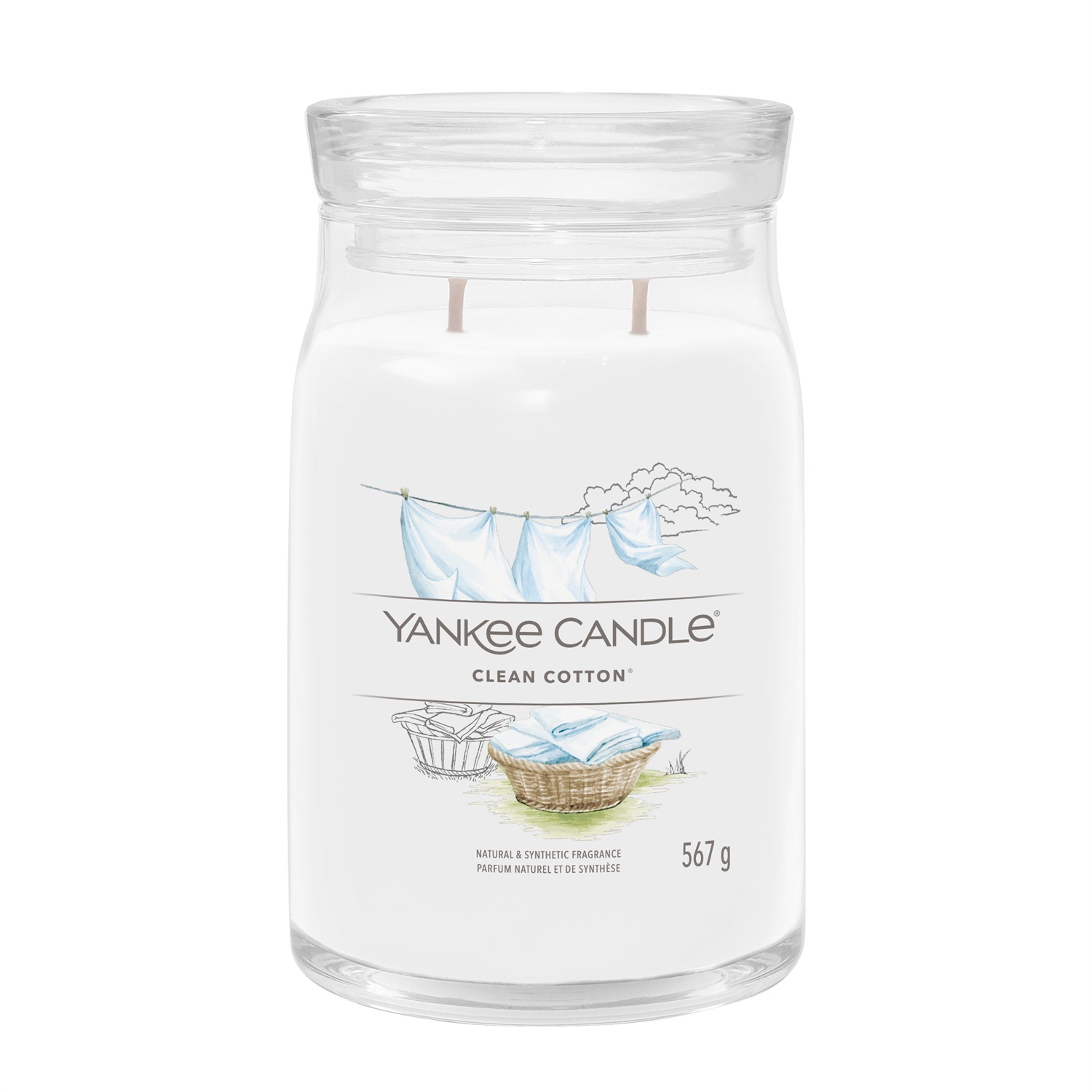 Yankee Candle Clean Cotton - Candela Profumata Grande Signature 567g con 2 Stoppini, Fragranza Fresca e Pulita, Tempo di Combustione 90 Ore
