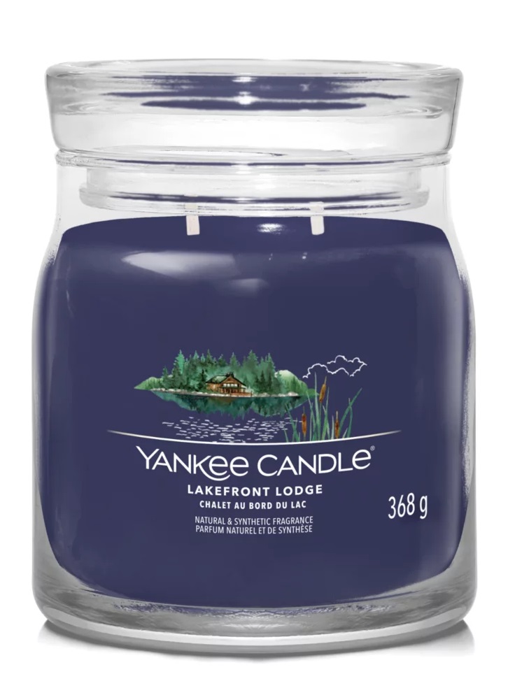 Yankee Candle Lakefront Lodge - Candela Profumata in Giara Media 368g con Doppio Stoppino, Fragranza Legnosa, Tempo di Combustione Fino a 50 Ore