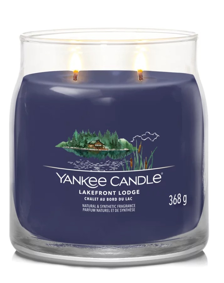 Yankee Candle Lakefront Lodge - Candela Profumata in Giara Media 368g con Doppio Stoppino, Fragranza Legnosa, Tempo di Combustione Fino a 50 Ore