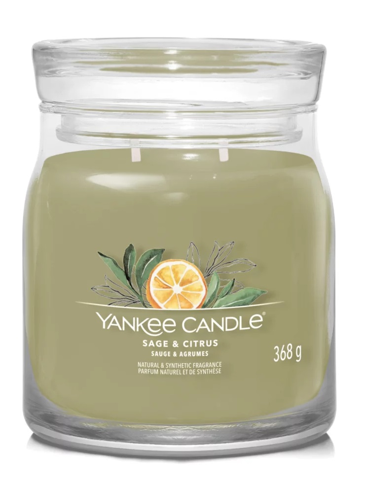 Yankee Candle Sage & Citrus - Candela Profumata Media 368g con Fragranza Agrumata di Salvia, Limone e Lime, Tempo di Combustione fino a 50 Ore