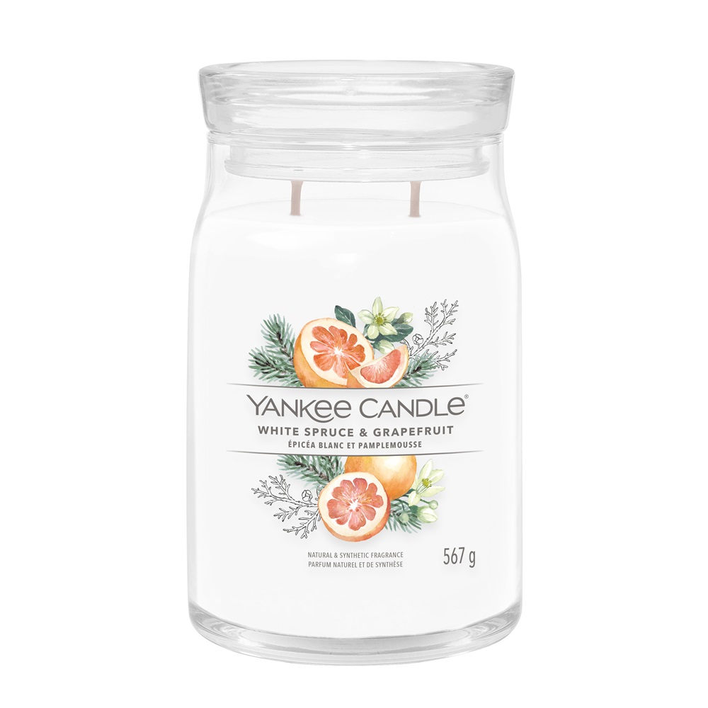 Yankee Candle Giara Grande White Spruce & Grapefruit - Candela Profumata con Doppio Stoppino, Cera di Soia, 567 gr, Fino a 90 Ore di Combustione