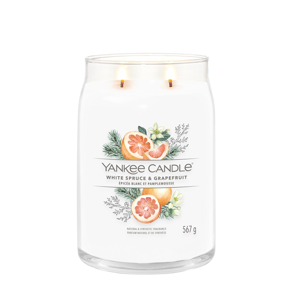 Yankee Candle Giara Grande White Spruce & Grapefruit - Candela Profumata con Doppio Stoppino, Cera di Soia, 567 gr, Fino a 90 Ore di Combustione