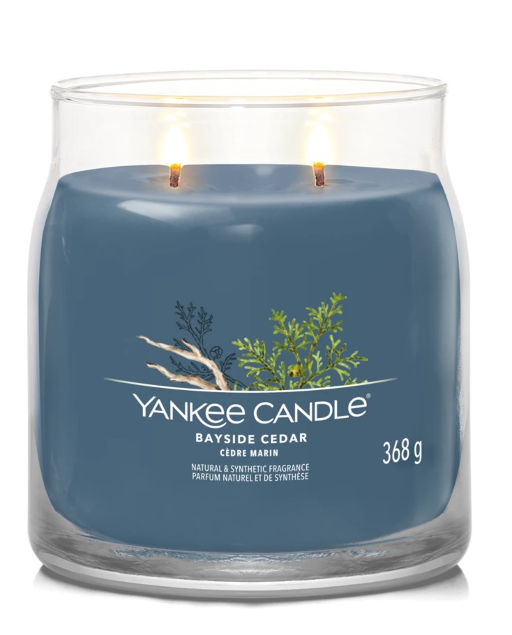 Yankee Candle Bayside Cedar - Candela Profumata Media 368g con 2 Stoppini, Fragranza Fresca e Pulita, Tempo di Combustione fino a 50 Ore