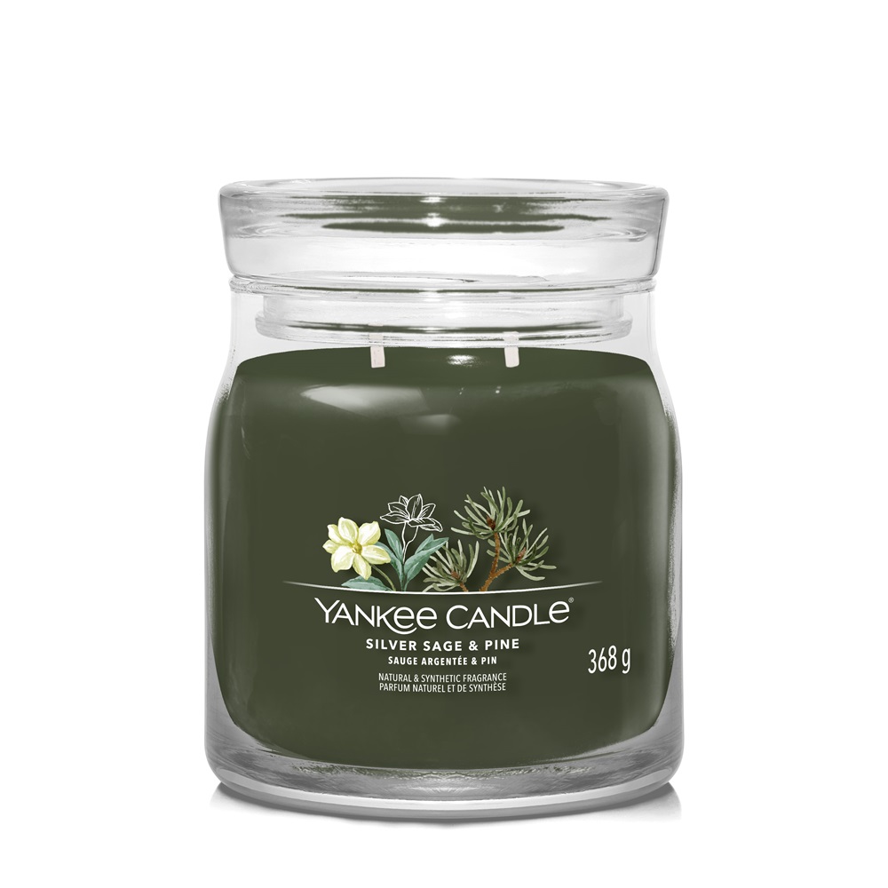 Yankee Candle Silver Sage & Pine - Candela Giara Media 368g con Fragranza Legnosa e Note di Cuoio, Ambra e Muschio