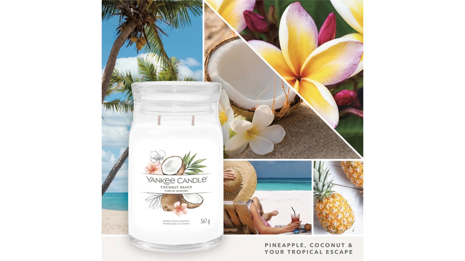 Yankee Candle Coconut Beach - Candela Profumata in Giara Grande 567 g con 2 Stoppini, Fragranza Fruttata e Tempo di Combustione Fino a 90 Ore