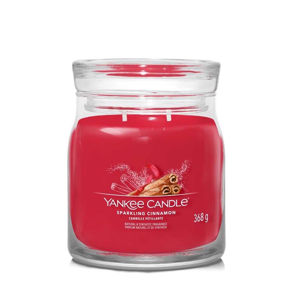 Yankee Candle Sparkling Cinnamon Candela Giara Media 368g - Fragranza Speziata di Cannella e Chiodi di Garofano, Colore Rosso, Tempo di Combustione Fino a 50 Ore
