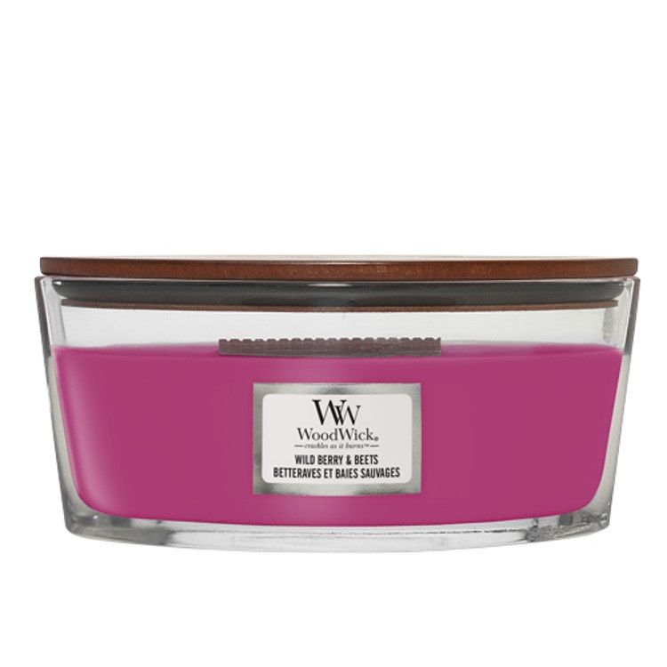 WoodWick Candela profumata Ellipse Wild Berry & Beets 453,6 g con stoppino crepitante - Durata fino a 50 ore