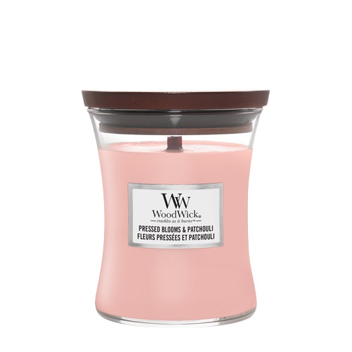 WoodWick Pressed Blooms & Patchouli - Candela Profumata Media 275 gr con Stoppino in Legno e Fragranza Floreale