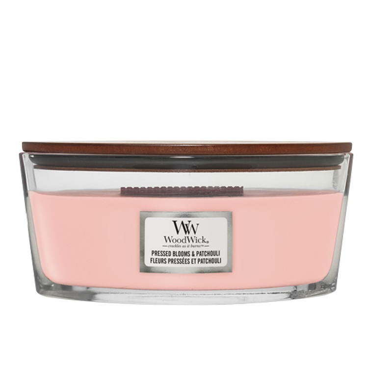 WoodWick Candela profumata Ellipse Pressed Blooms & Patchouli - Durata fino a 50 ore, 454 g, Stoppino crepitante in legno