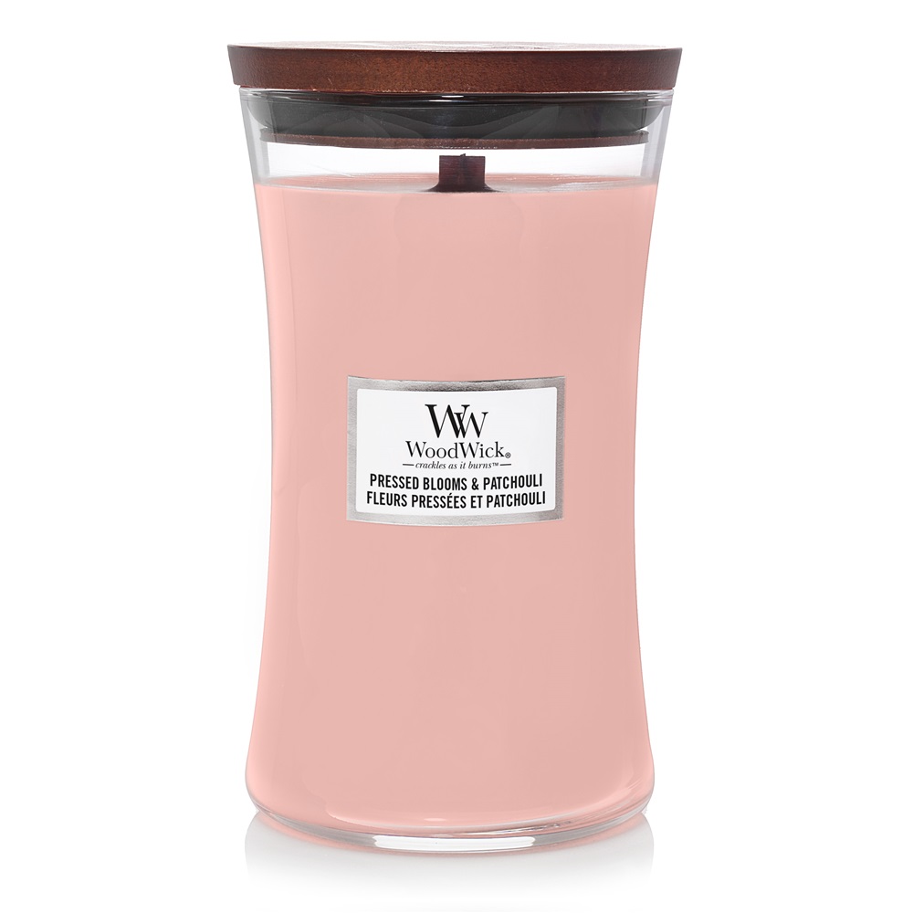 WoodWick Candela Profumata Pressed Blooms & Patchouli - 609,5 g, Forma Clessidra con Coperchio in Legno, Note di Ginepro e Fiori d'Arancio