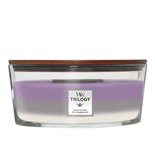 WoodWick Trilogy Candela profumata Ellipse - Amethyst Sky, 453 g, con stoppino crepitante e fragranze di Amethyst & Amber, Suede & Sandalwood, Smoked Jasmine, durata fino a 50 ore