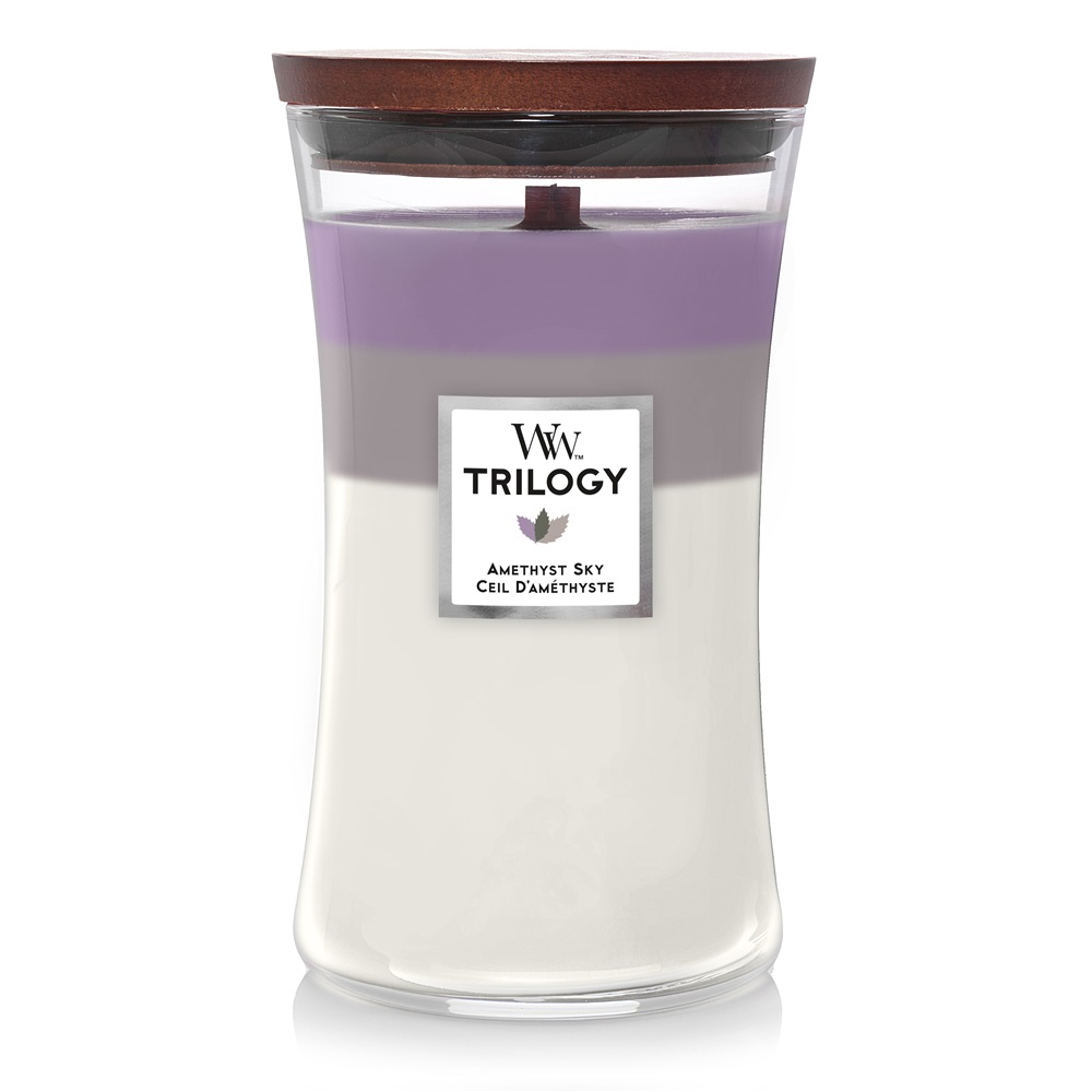 WoodWick Trilogy Candela Profumata Grande Amethyst Sky - 609,5 g, Stoppino Scoppiettante, Durata Fino a 130 Ore, Fragranze di Amethyst & Amber, Suede & Sandalwood, Smoked Jasmine