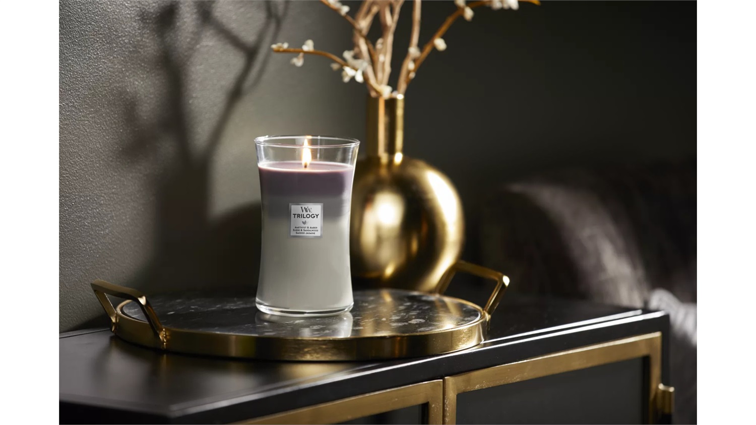 WoodWick Trilogy Candela Profumata Grande Amethyst Sky - 609,5 g, Stoppino Scoppiettante, Durata Fino a 130 Ore, Fragranze di Amethyst & Amber, Suede & Sandalwood, Smoked Jasmine