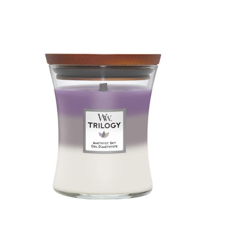 WoodWick Candela Profumata Amethyst Sky Medium 275 g - Fragranze di Ambra, Giacinto, Lavanda, Pelle, Legno di Sandalo, Camoscio, Vaniglia e Ylang-ylang