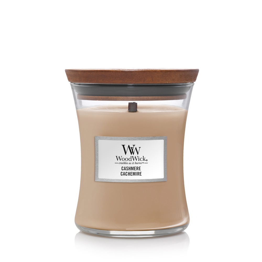 WoodWick Cashmere Candela Profumata Clessidra Media 275 g - Fragranza Legnosa con Note di Legno di Sandalo, Fava Tonka e Mela Cotogna