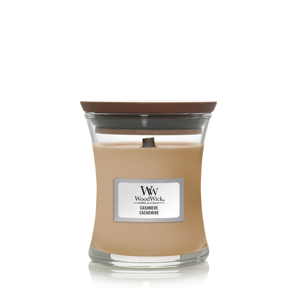 WoodWick Cashmere - Candela Profumata Clessidra 85g con Stoppino in Legno e Note di Legno di Sandalo, Fava Tonka e Mela Cotogna