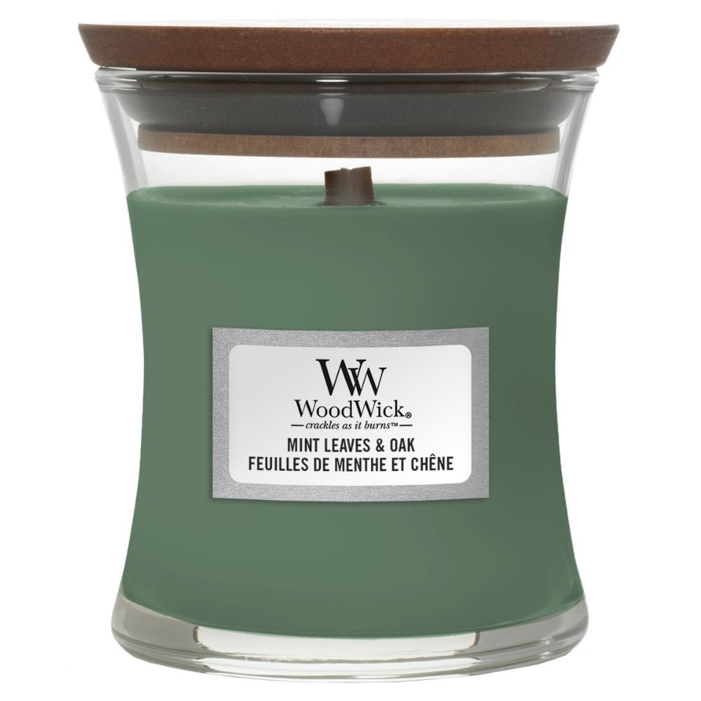 WoodWick Candela Profumata Media 275 g - Foglie di Menta e Quercia con Stoppino in Legno