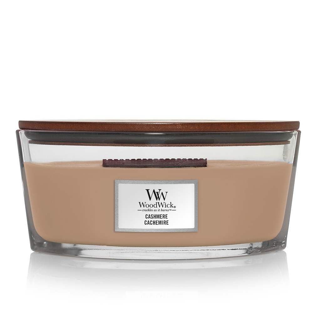 WoodWick Candela Profumata Ellisse Cashmere 453,6 g - Fragranza Legnosa con Legno di Sandalo, Fava Tonka e Mela Cotogna