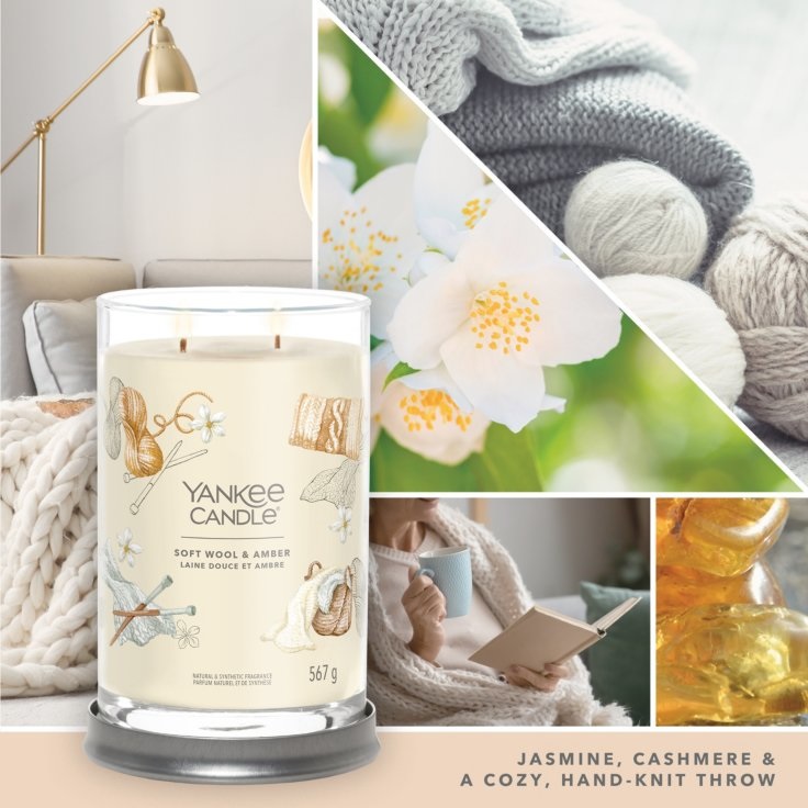 Yankee Candle Soft Wool & Amber - Candela Profumata Grande Tumbler 567g con 2 Stoppini, Fragranza Floreale, Tempo di Combustione fino a 100 Ore