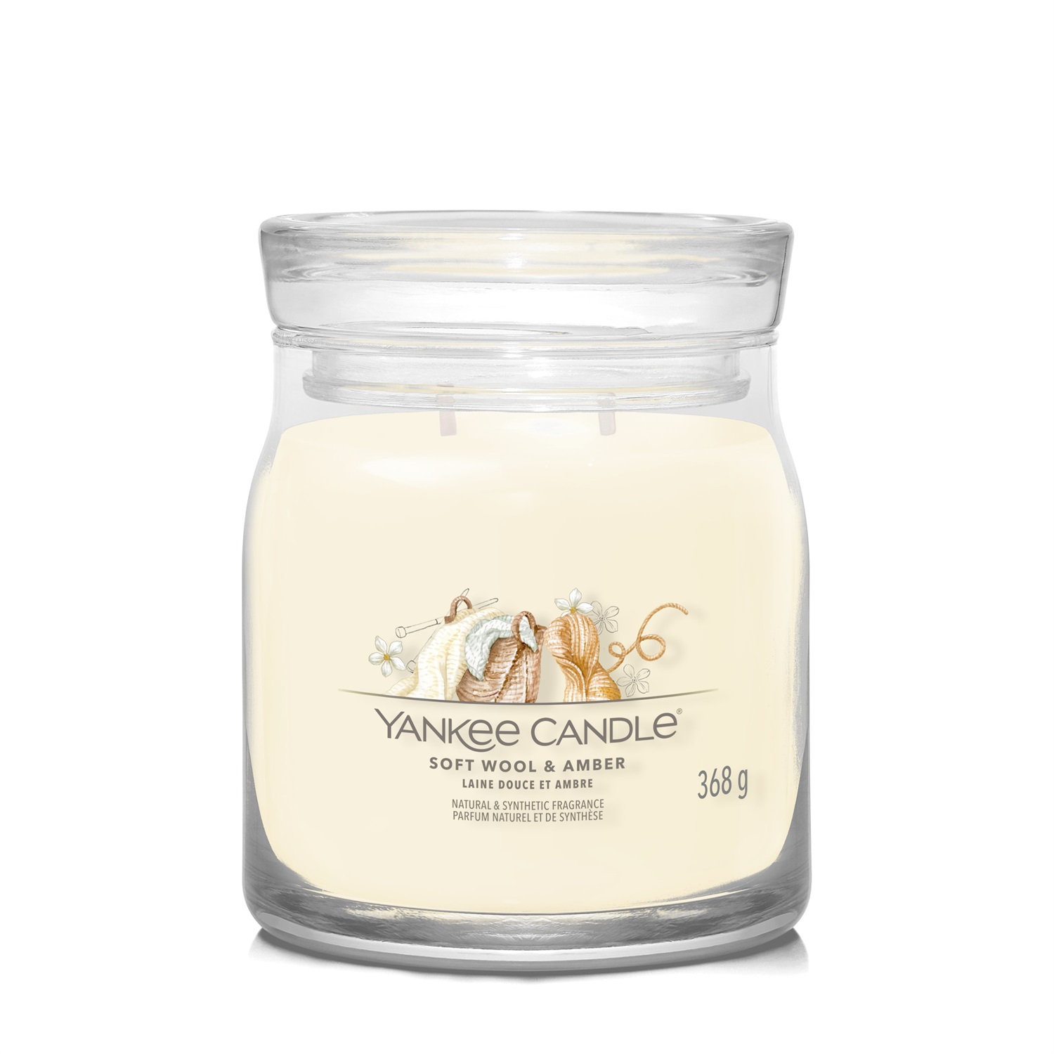 Yankee Candle Soft Wool & Amber - Candela Profumata Media 368g con 2 Stoppini, Fragranza Floreale, Cera di Soia, Fino a 50 Ore di Combustione