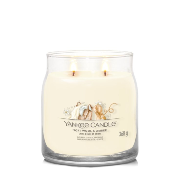 Yankee Candle Soft Wool & Amber - Candela Profumata Media 368g con 2 Stoppini, Fragranza Floreale, Cera di Soia, Fino a 50 Ore di Combustione