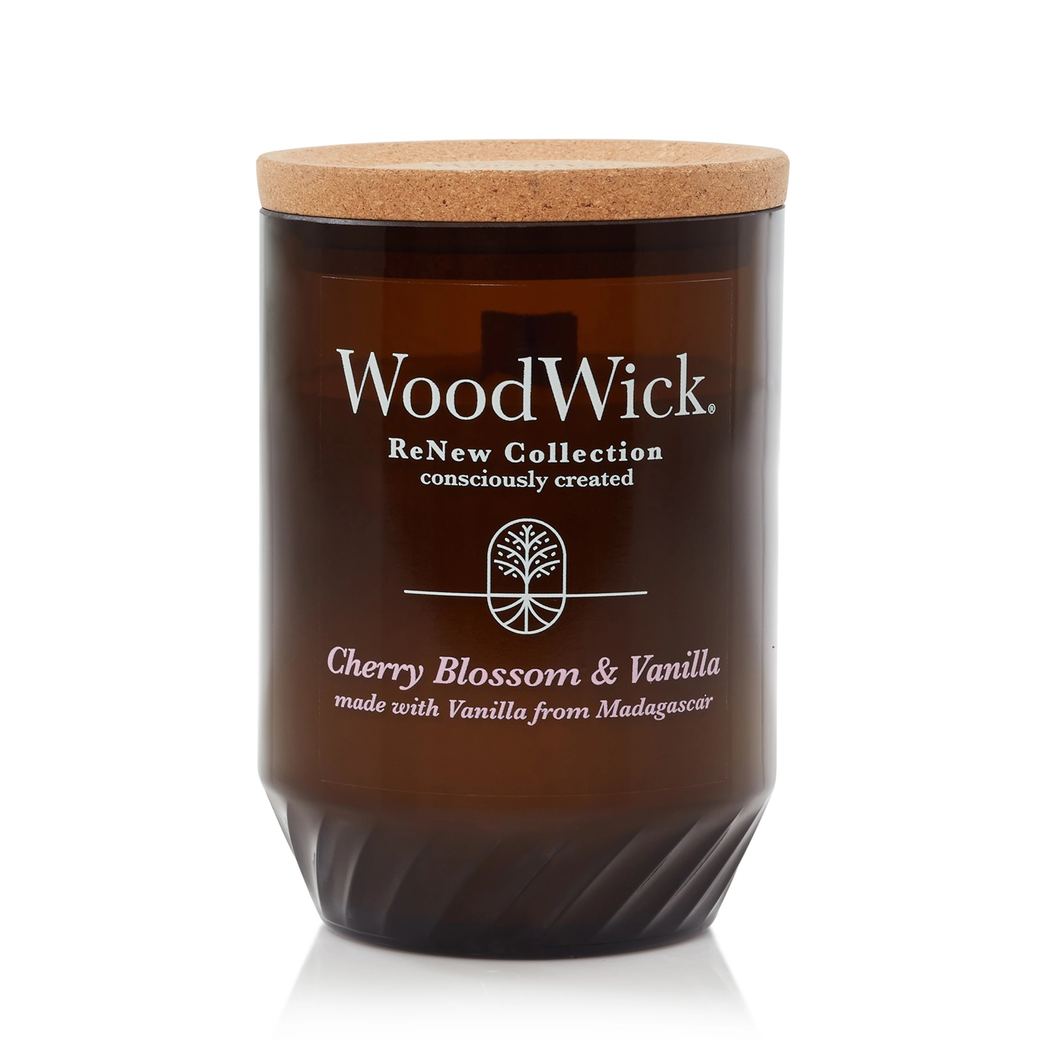 WoodWick ReNew Candela Profumata Cherry Blossom & Vanilla - 184 g, Cera di Cocco e Soia, Stoppino Scoppiettante, Realizzata con Materiali Riciclati