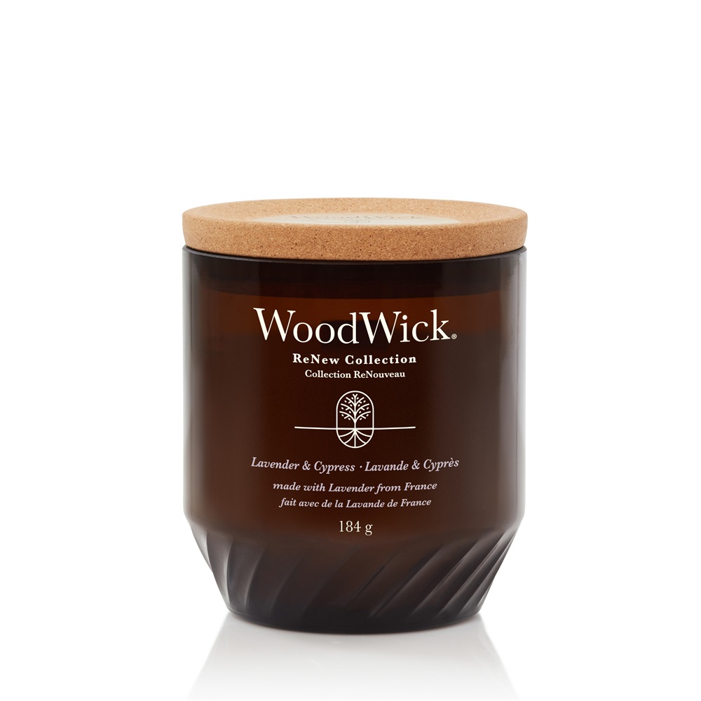 WoodWick Candela Profumata Media Lavender & Cypress - 181g/184g, Cera di Cocco e Soia, Stoppino Scoppiettante, Ingredienti Biologici