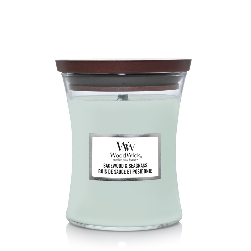 WoodWick Sagewood & Seagrass Medium Candela Profumata 275 g con Stoppino in Legno