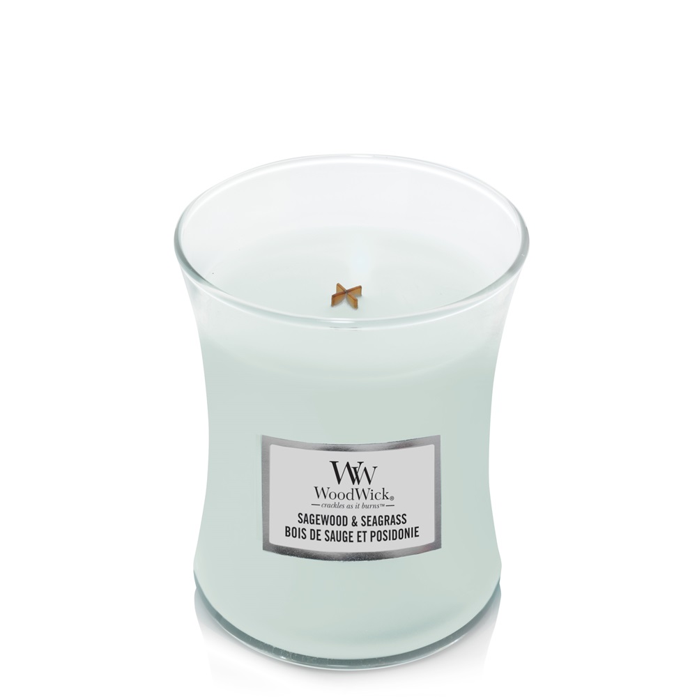 WoodWick Sagewood & Seagrass Medium Candela Profumata 275 g con Stoppino in Legno