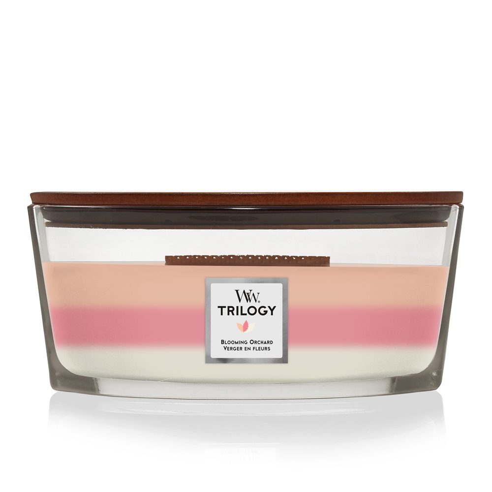 WoodWick Trilogy Blooming Orchard Ellisse Candela Profumata 453,6 g - Fragranze Yuzu Blooms e Melon & Pink Quartz