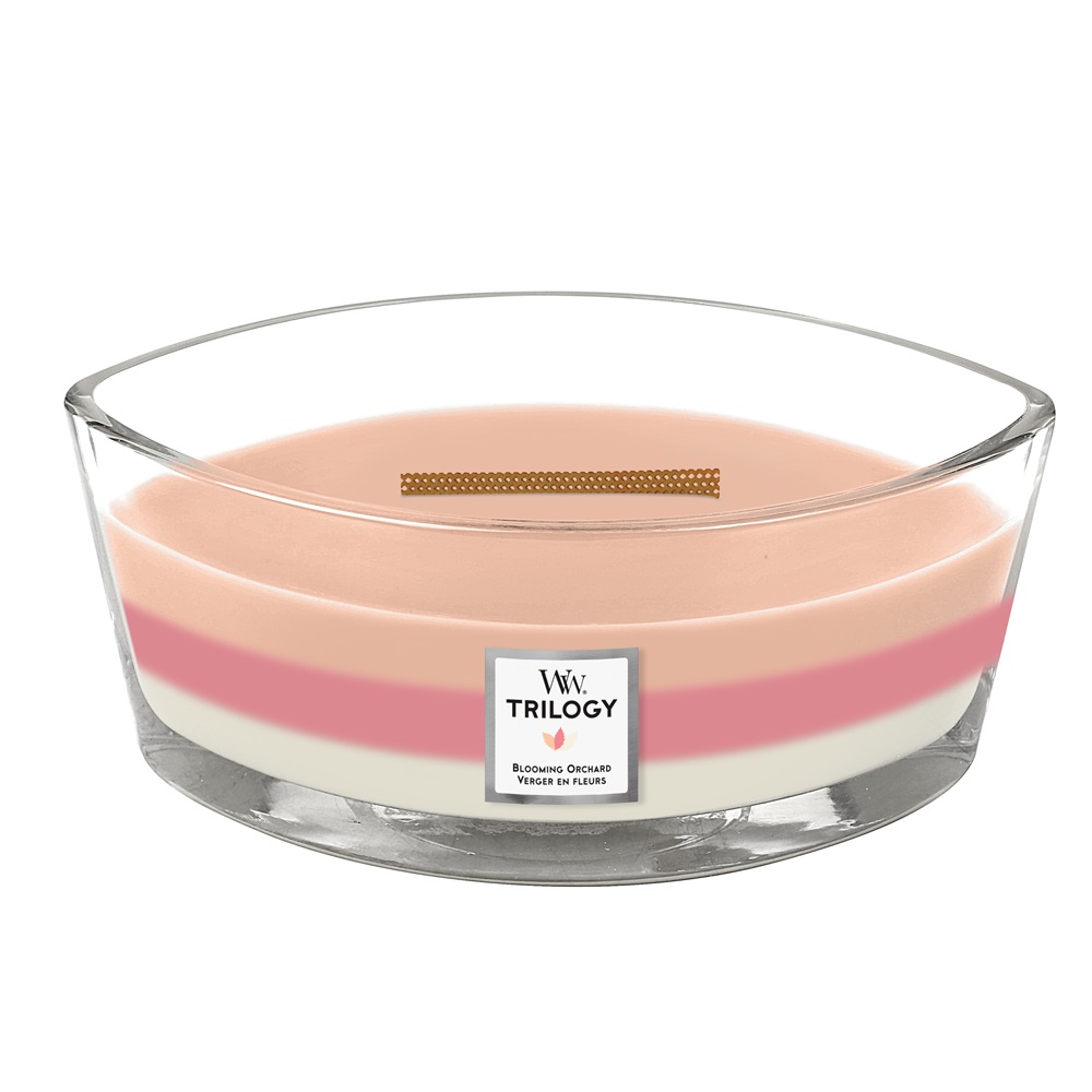 WoodWick Trilogy Blooming Orchard Ellisse Candela Profumata 453,6 g - Fragranze Yuzu Blooms e Melon & Pink Quartz