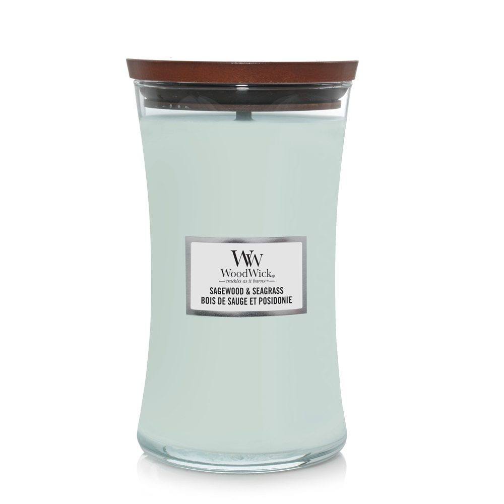 WoodWick Candela Profumata Sagewood & Seagrass 610 g - Clessidra Azzurra con Stoppino Scoppiettante