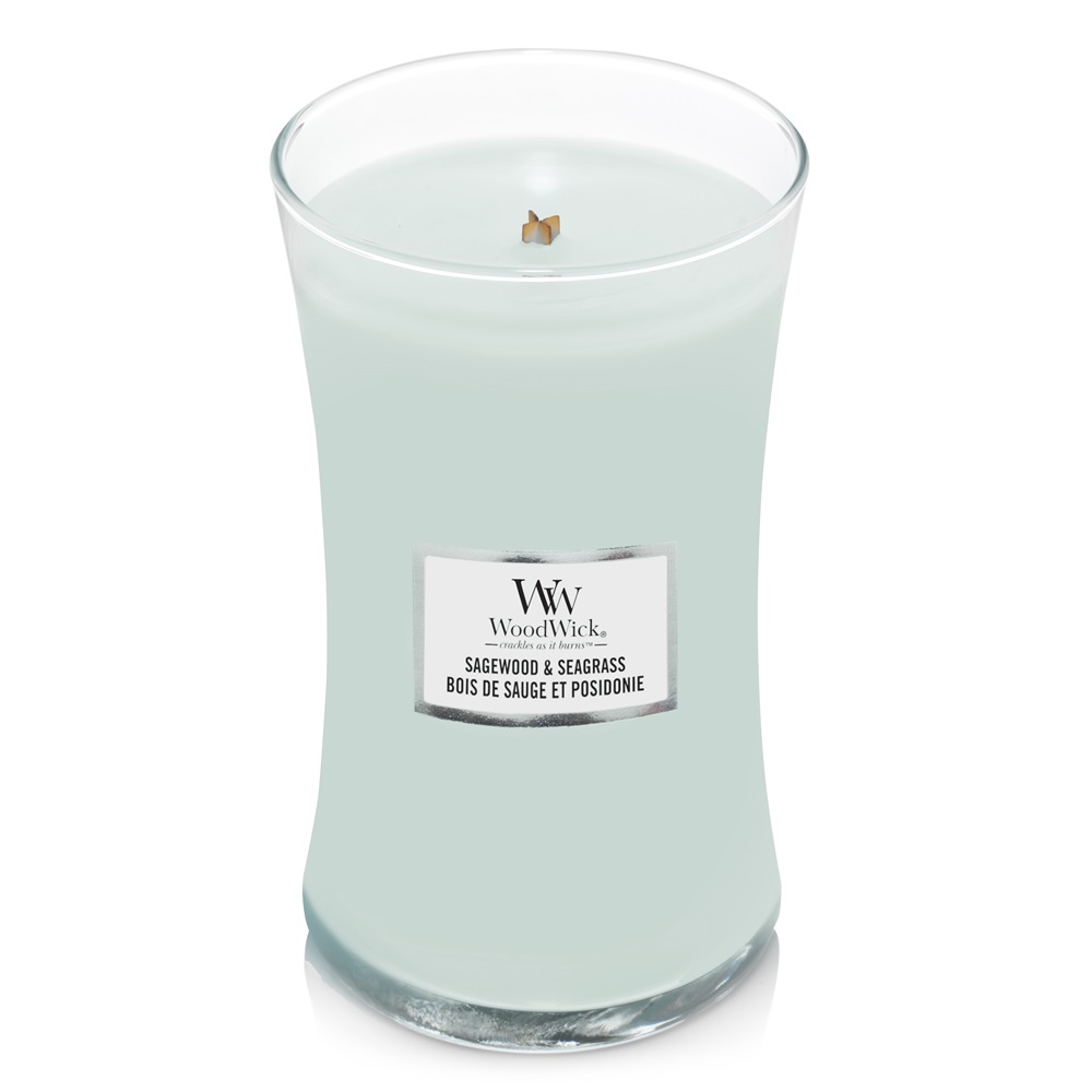 WoodWick Candela Profumata Sagewood & Seagrass 610 g - Clessidra Azzurra con Stoppino Scoppiettante