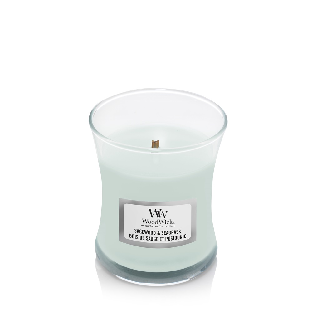 Woodwick Candela Profumata Sagewood & Seagrass 85 g - Fragranza di Brezza Marina e Legno Esotico