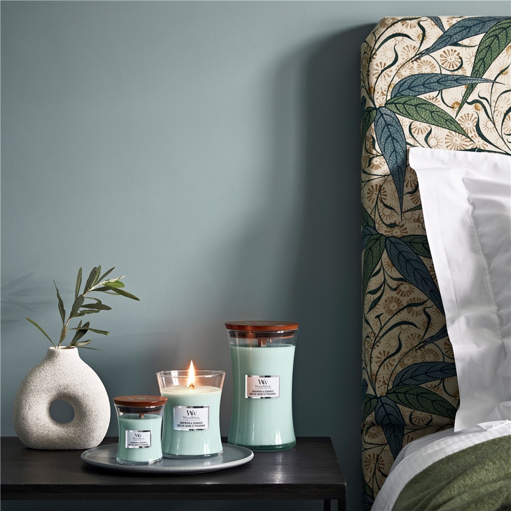 Woodwick Candela Profumata Sagewood & Seagrass 85 g - Fragranza di Brezza Marina e Legno Esotico