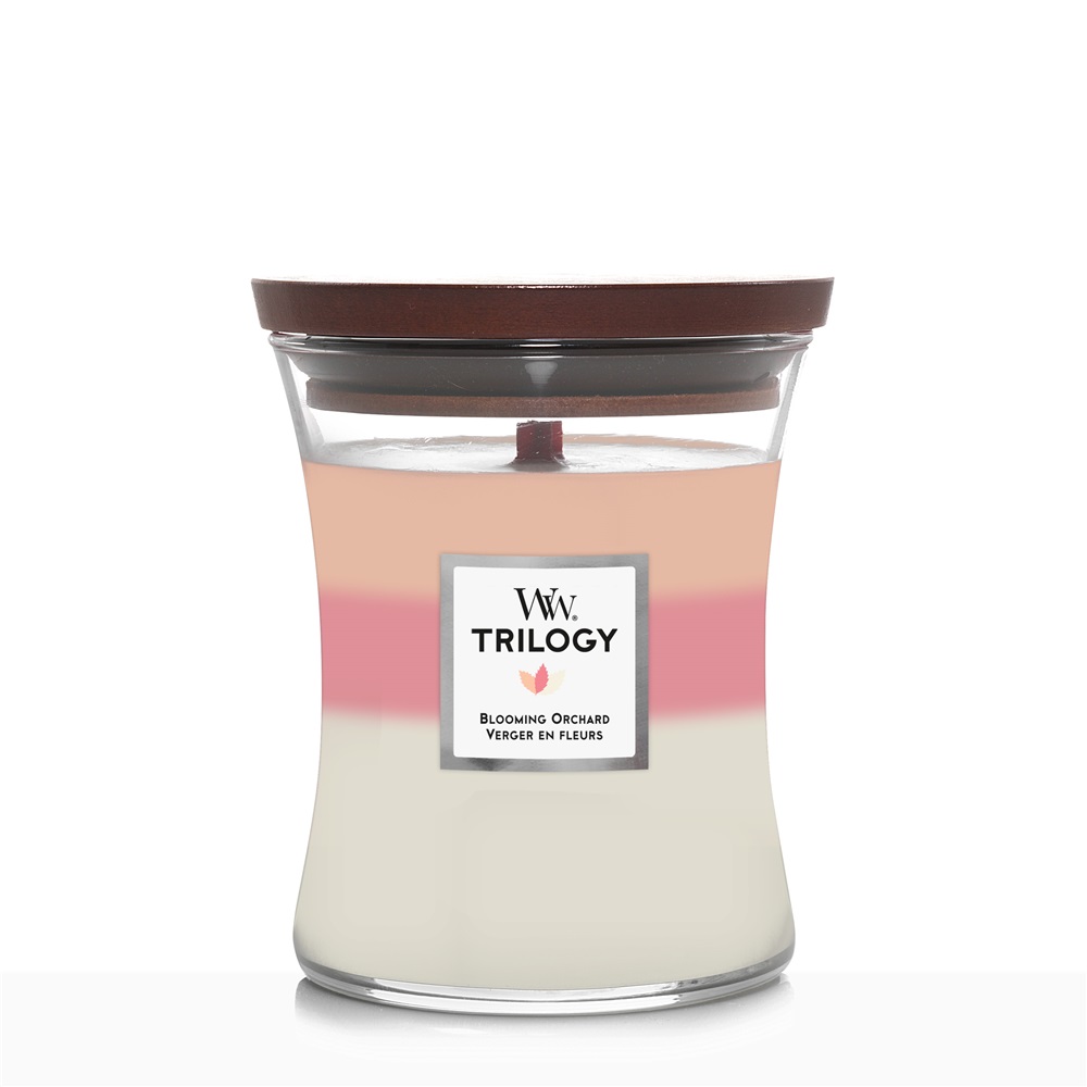 WoodWick Candela Profumata Trilogy Blooming Orchard Medium 275 g - Fragranza Yuzu, Peonia e Melone con Stoppino in Legno
