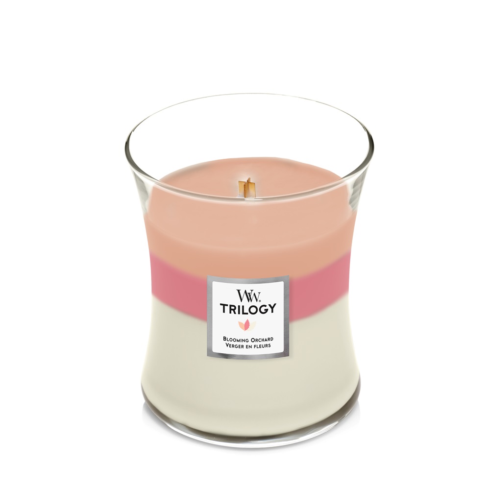 WoodWick Candela Profumata Trilogy Blooming Orchard Medium 275 g - Fragranza Yuzu, Peonia e Melone con Stoppino in Legno
